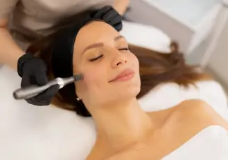 Close-up of a microneedling treatment session, illustrating how the procedure addresses surface texture and collagen formation as part of a treatment plan.