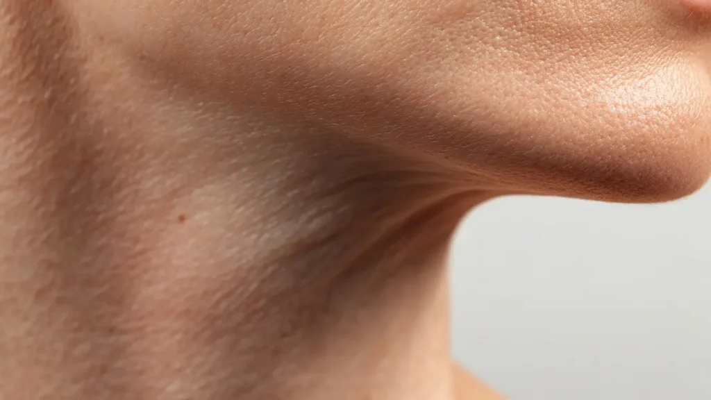 Close-up of loose, crepey skin along the neck and under the jawline, a common example of skin laxity concerns that our clinic helps address