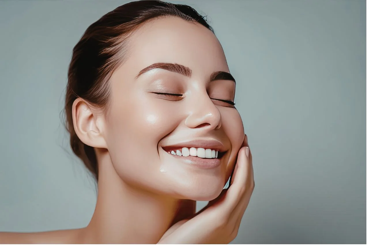 Woman touching her face feeling confident about how long facial balancing results last