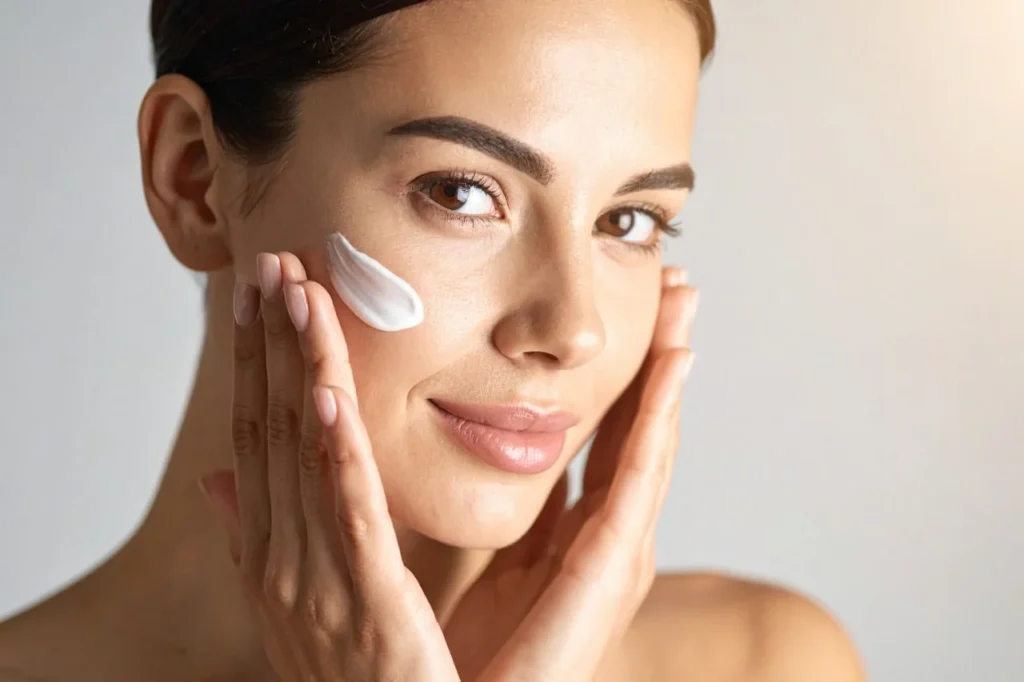 Woman applying skincare to support collagen and help prevent facial volume loss