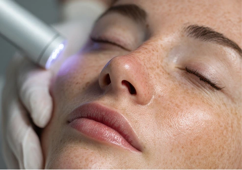 A patient receiving a targeted light-based therapy treatment on the cheek to address skin tone evenness and visible pigmentation.