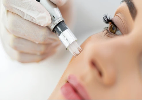 A clinical microneedling procedure being performed on a patient's face to assist with skin recovery and overall health.