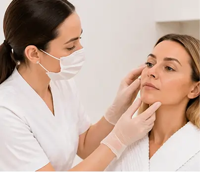 Medical professional examining a woman’s face during a personalised consultation for Picosure laser packages