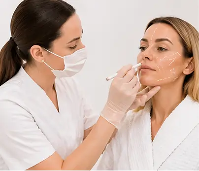 Clinician marking treatment areas on a woman’s face before starting Picosure laser packages