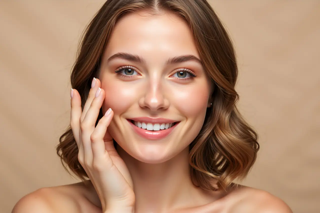 Smiling woman with glowing skin showing a natural face after weight loss against a soft beige background