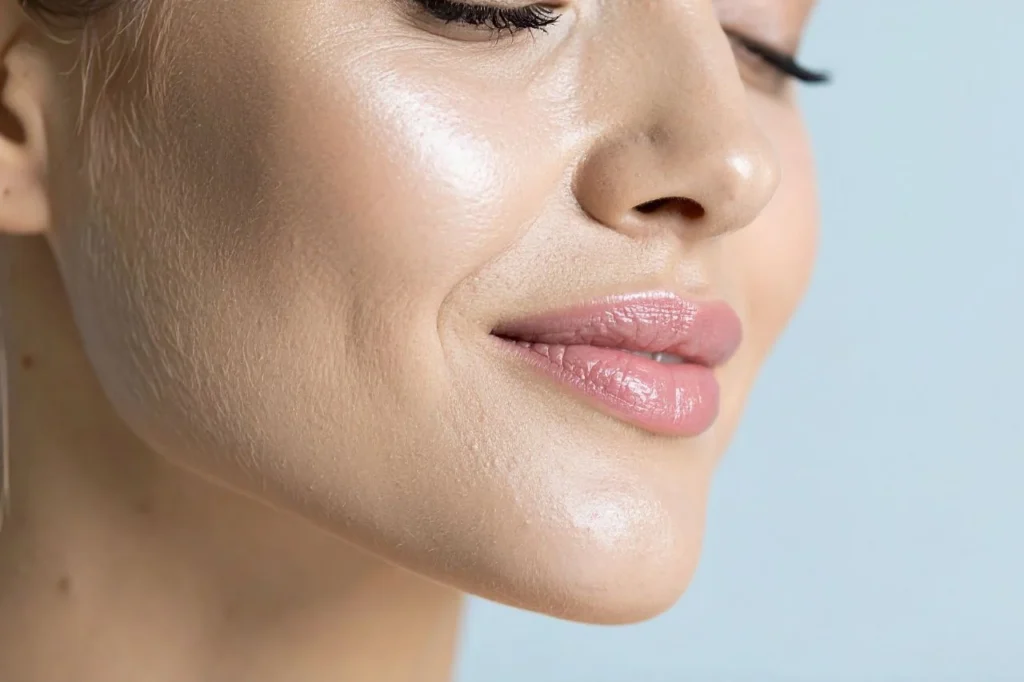 Side profile of a woman's face showing the cheek and jawline contours discussed in lifting versus volumising treatments