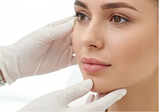 Cosmetic practitioner examining a woman’s facial profile at a cosmetic clinic in Melbourne