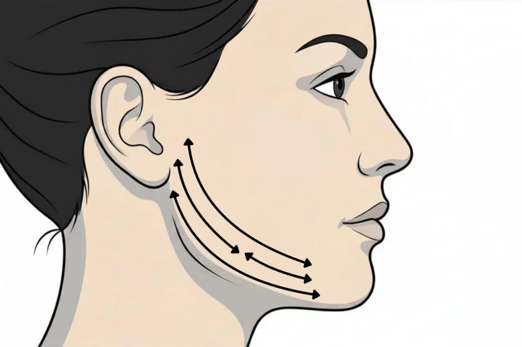 Diagram showing thread placement along the jaw border for jawline thread lift contouring