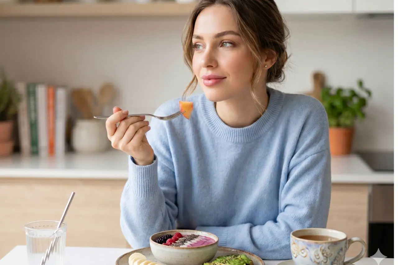A young woman in a light blue sweater gently eats fruit with a fork, representing safe eating habits after lip filler.