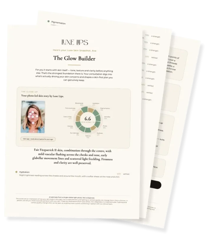 Sample Luxe Skin Snapshot report pages, showing a photo-led skin score wheel, per-area readings and a note that the estimate is not a diagnosis