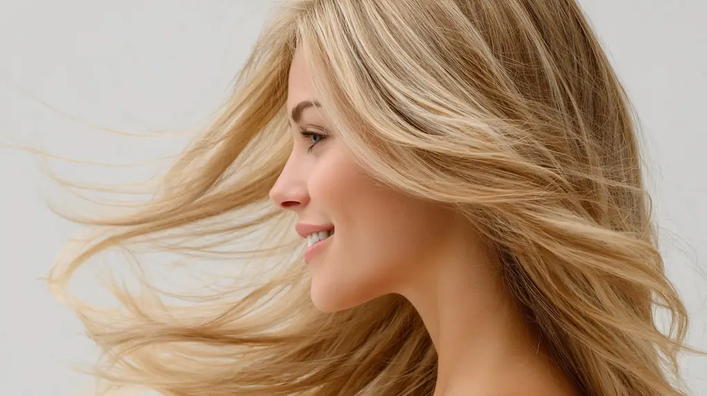 Side profile of a smiling woman with flowing hair, often used to represent non surgical nose enhancement.