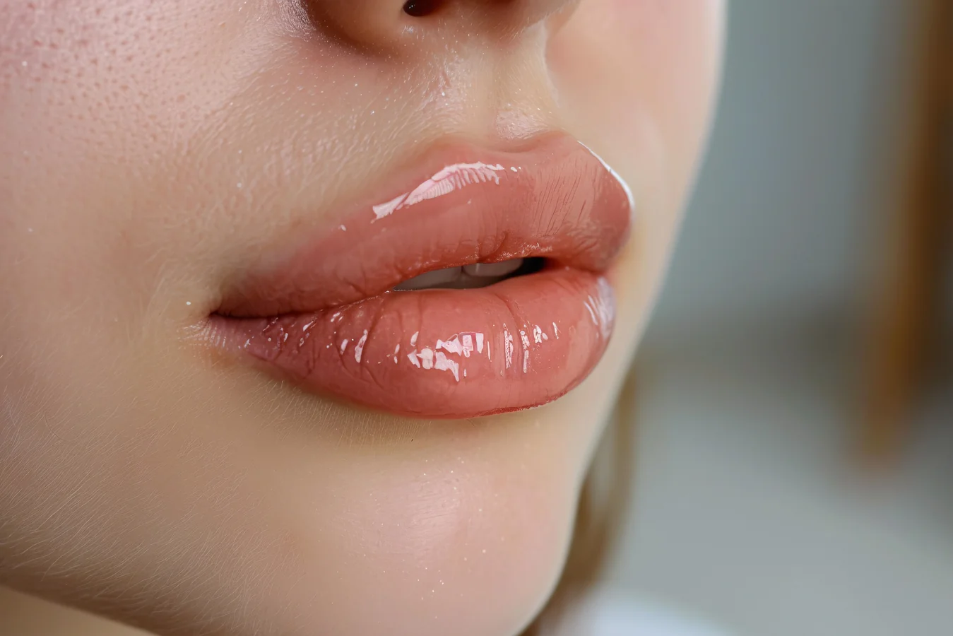 Close-up of glossy lips after lip filler treatment at Luxe Lips Melbourne