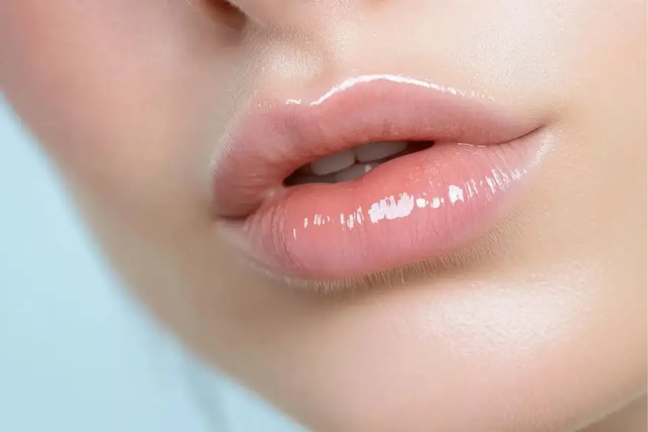Close up of glossy natural lips, often used to explain how the Russian lip technique works