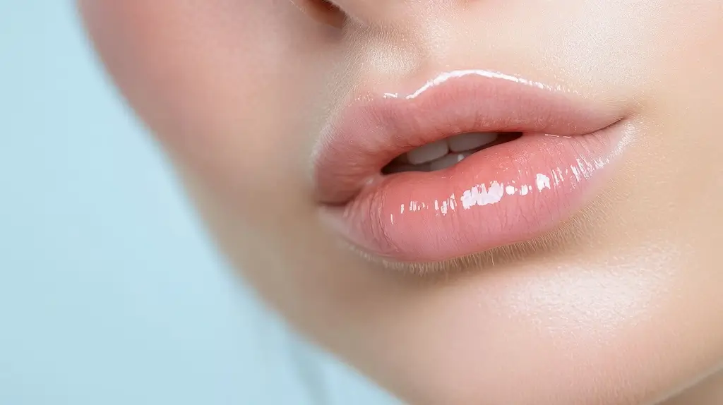 Close up of glossy natural lips, often used to explain how the Russian lip technique works