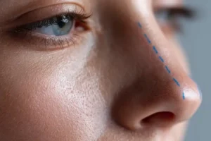 Close up side view of a nose with guide markings, showing planning for non surgical nose enhancement