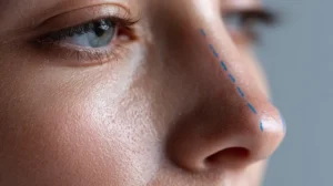 Close up side view of a nose with guide markings, showing planning for non surgical nose enhancement