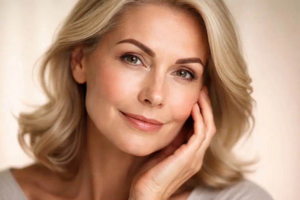 Portrait of a mature woman with smooth skin gently touching her face after anti wrinkle injections aftercare