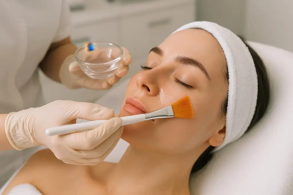 Clinician applies a facial solution with a brush during a professional chemical peel treatment and aftercare
