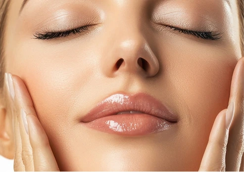 Close-up of a woman’s face showcasing smooth temple and cheek areas after a temple filler treatment at Luxe Lips cosmetic clinic.