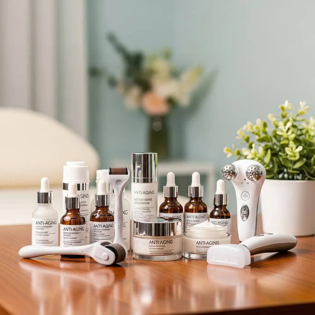Aesthetic treatment products for anti-aging arranged on a treatment table in a serene setting