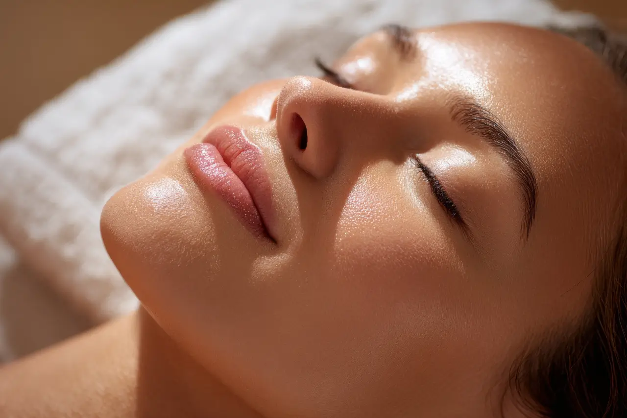 Close-up of smooth, glowing facial skin and naturally enhanced lips illustrating results from modern lip enhancement procedures for hydration, volume, and overall facial balance
