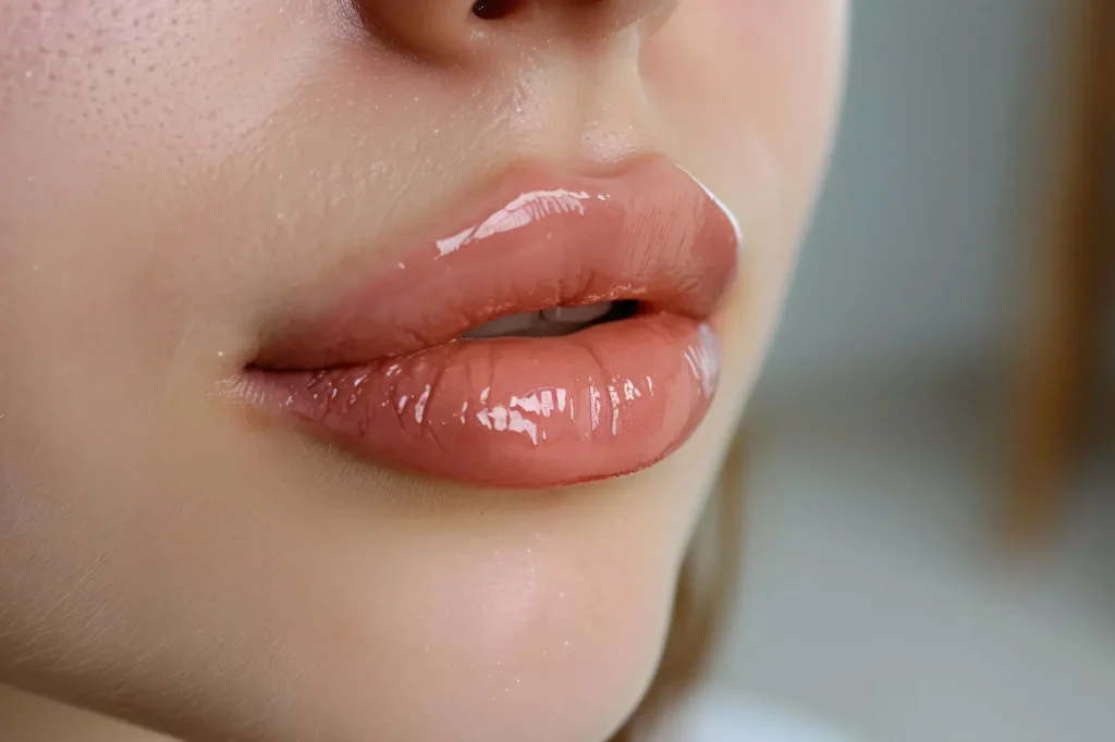 Close-up of smooth, glossy lips showing results following a lip treatment recovery period