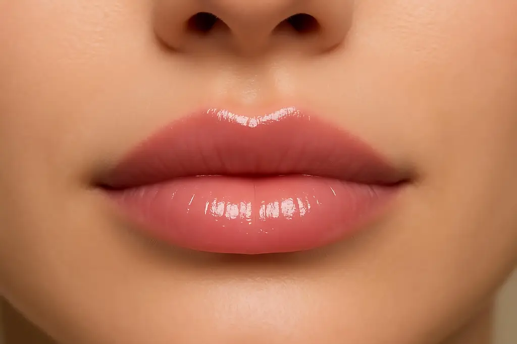 Close-up of smooth, glossy lips representing healthy results and proper lip filler aftercare