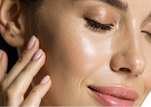 Extreme close-up of a woman’s cheek with smooth, glowing skin after a microneedling treatment at Luxe Lips, illustrating improved skin texture and collagen production.
