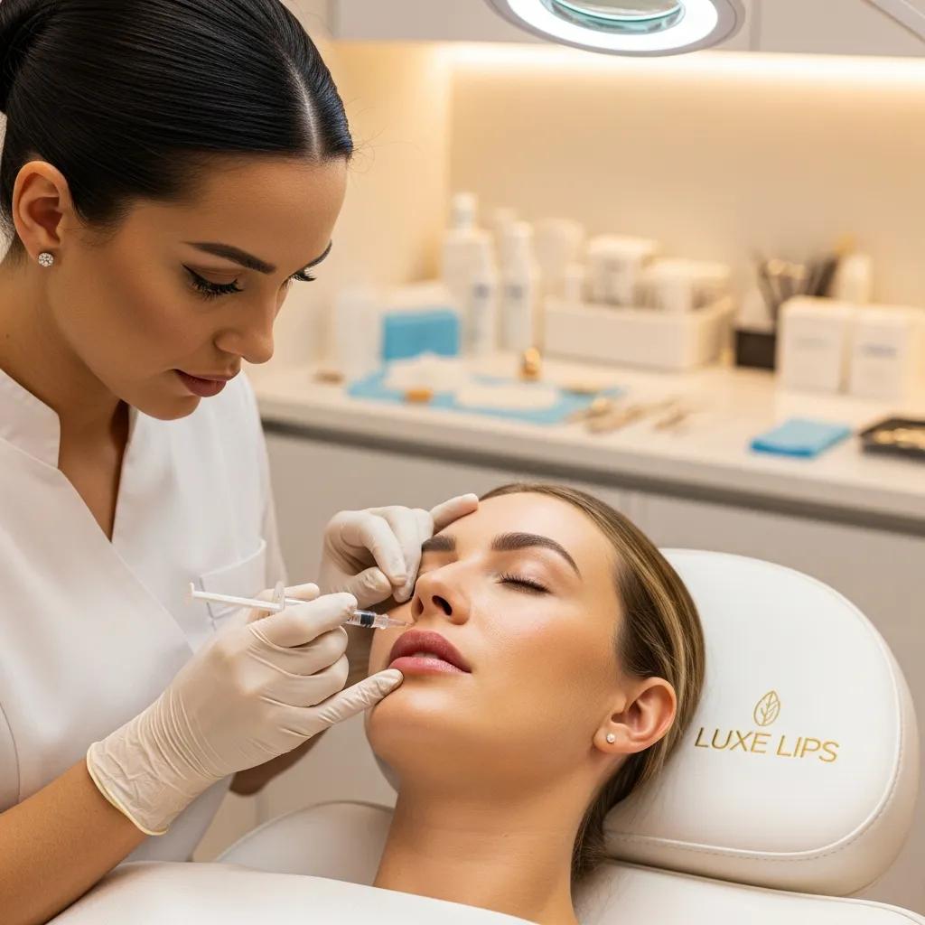 Practitioner applying lip fillers to a client in a clean and professional treatment room