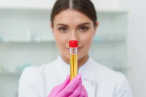 Cosmetic practitioner holding a vial of platelet-rich fibrin demonstrating what is PRF treatment used for in regenerative skin rejuvenation and aesthetic medicine
