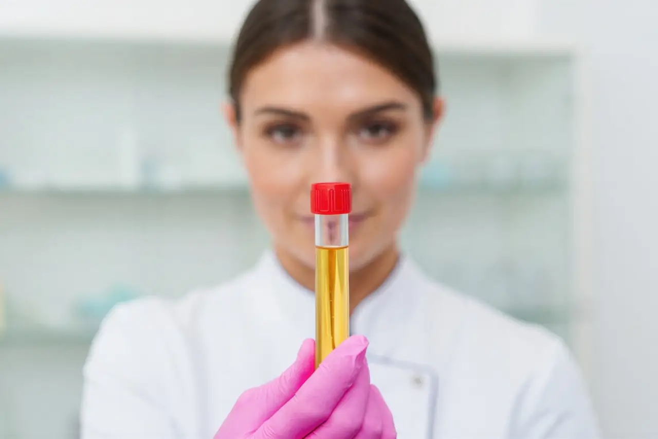 Cosmetic practitioner holding a vial of platelet-rich fibrin demonstrating what is PRF treatment used for in regenerative skin rejuvenation and aesthetic medicine
