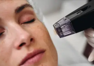 Client receiving a radiofrequency microneedling treatment with a handheld device on the cheek