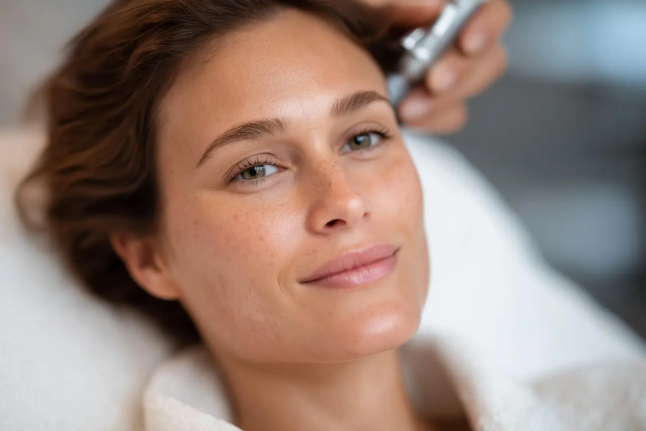 Woman receiving a facial skin treatment showing rejuran benefits with improved skin texture and hydration