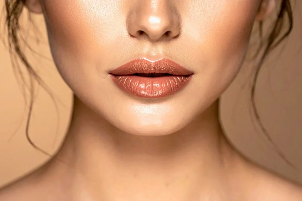 Close-up detailing the healed results and smooth texture of a woman's lips, illustrating how long lip enhancement can last.