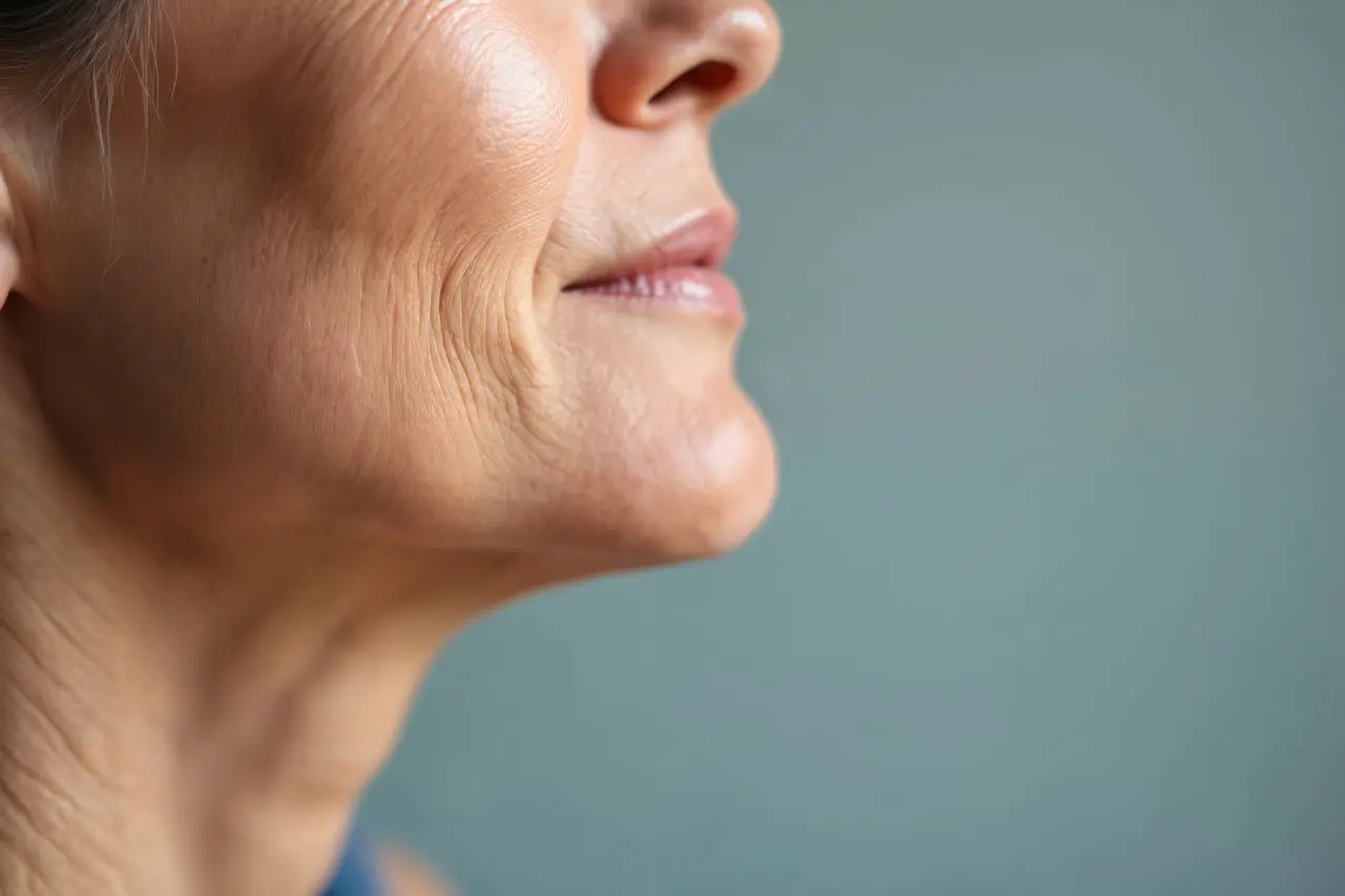 Side profile of a woman showing deep-set smile lines and vertical wrinkles around the chin and jawline.
