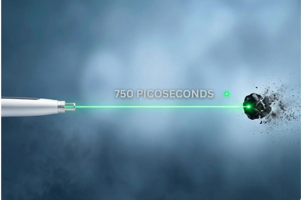 A visual demonstration of how PicoSure laser works using PressureWave technology to shatter ink particles into tiny dust-like fragments without damaging surrounding skin.