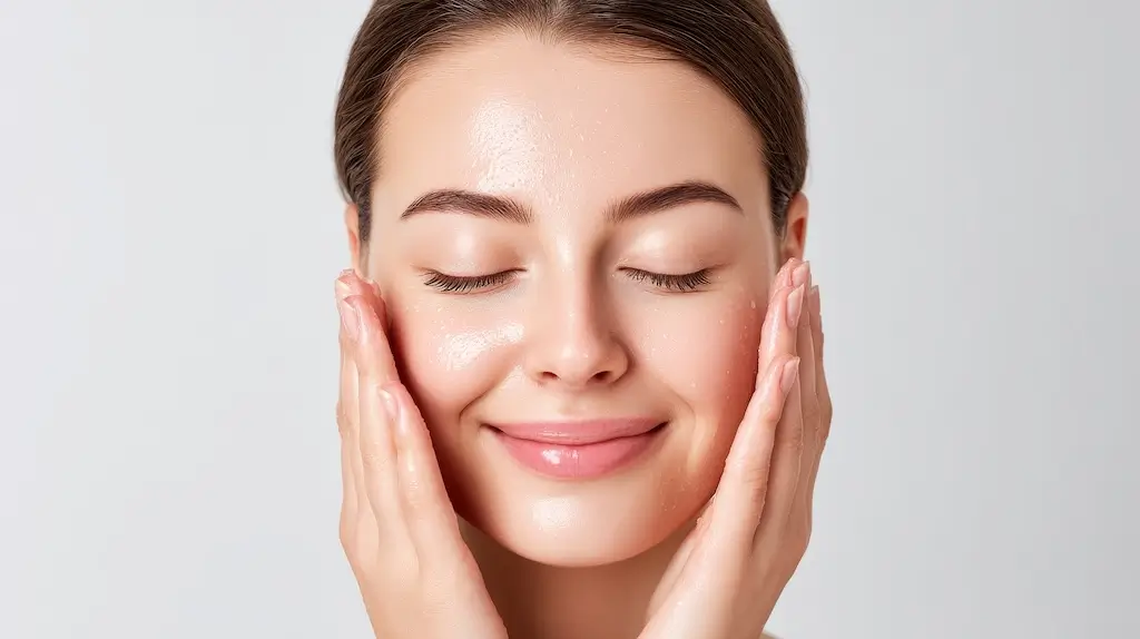 Smiling woman with clear glowing skin gently holding her face to show how Rejuran works for skin repair