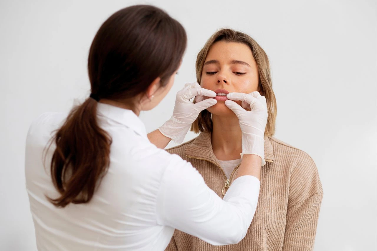 How long does lip enhancement last: A cosmetic injector wearing white gloves examines a patient's lips to assess anatomy and plan the enhancement treatment.