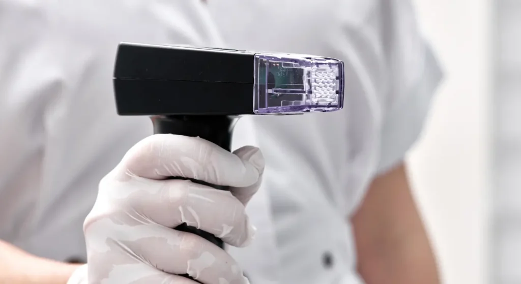 Clinician in white gloves holding an RF microneedling device, the technology our stretch marks Melbourne clinic uses to deliver radiofrequency energy deep into the skin