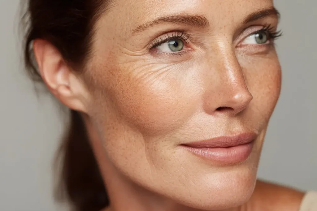 Close-up of face showing fine lines and crow’s feet, illustrating what causes wrinkles such as ageing, sun exposure, and repeated facial expressions