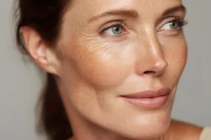 Close-up of face showing fine lines and crow’s feet, illustrating what causes wrinkles such as ageing, sun exposure, and repeated facial expressions