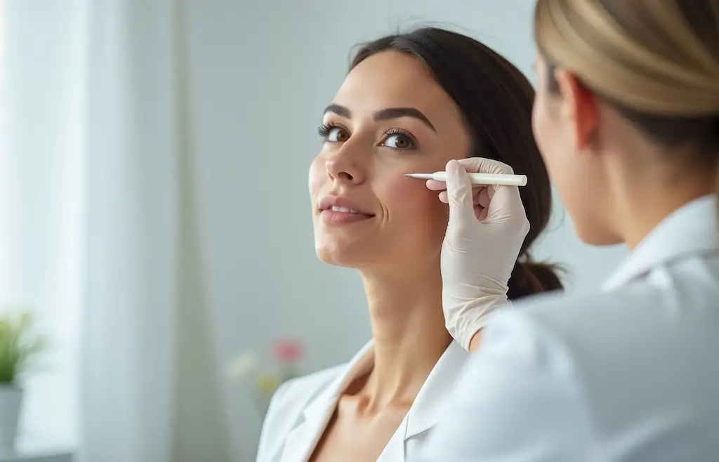 Cosmetic practitioner assessing under-eye area during consultation, illustrating what causes wrinkles and how treatments target fine lines and skin ageing