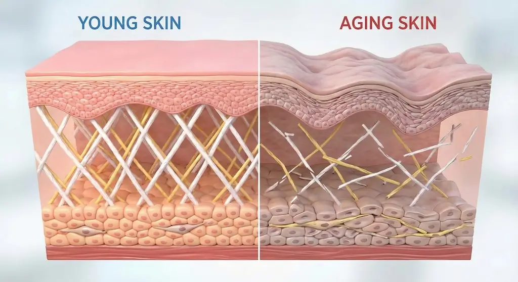 Illustration comparing young and ageing skin structure, showing collagen and elastin breakdown to explain what causes wrinkles and how skin changes over time.
