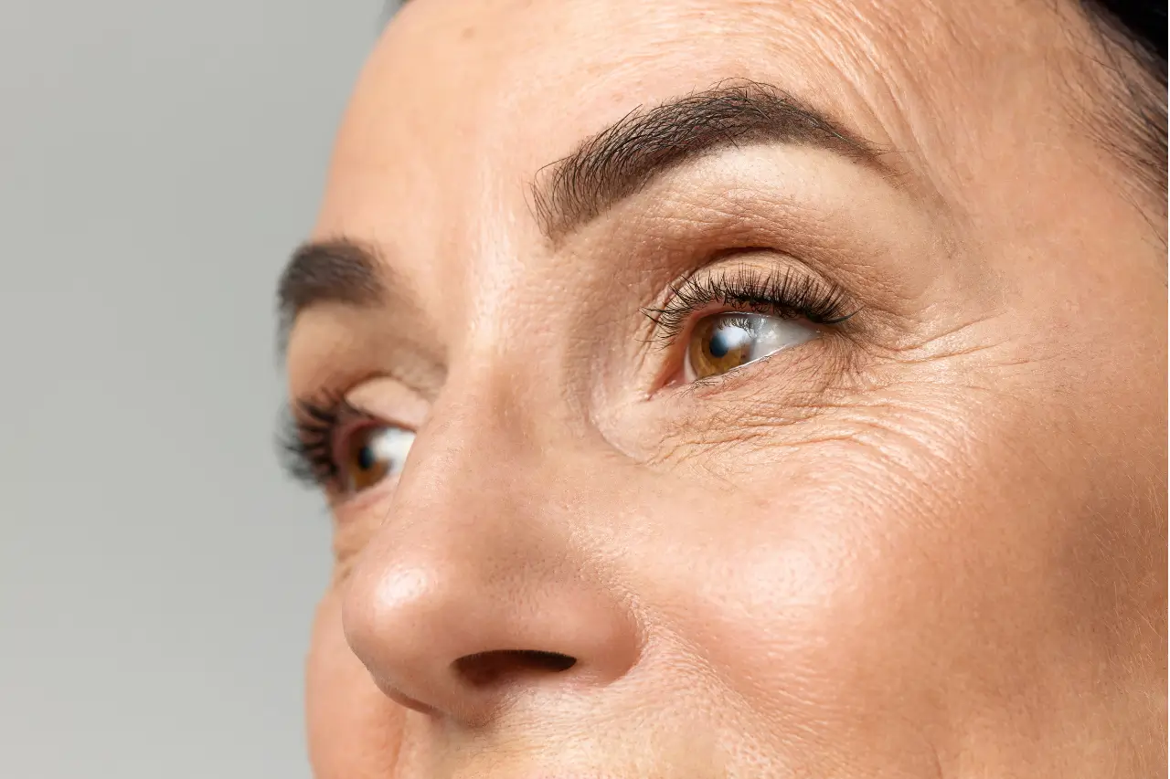 Close-up of eye area showing fine lines and crow’s feet, illustrating wrinkles under eyes