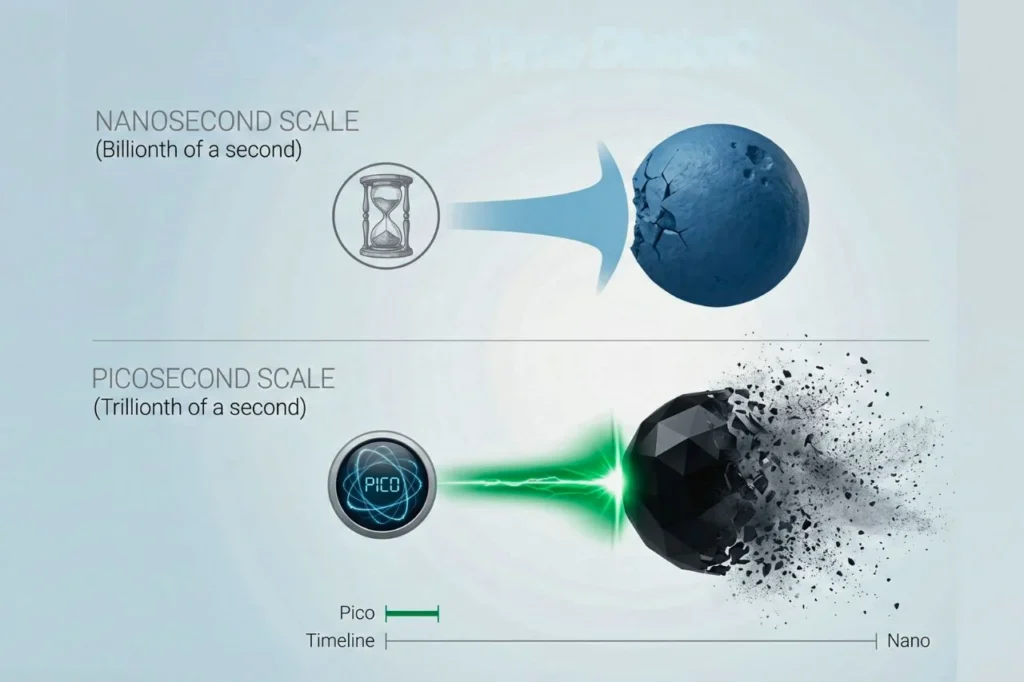 Infographic comparing the speed and pressure of picosecond vs nanosecond laser pulses.