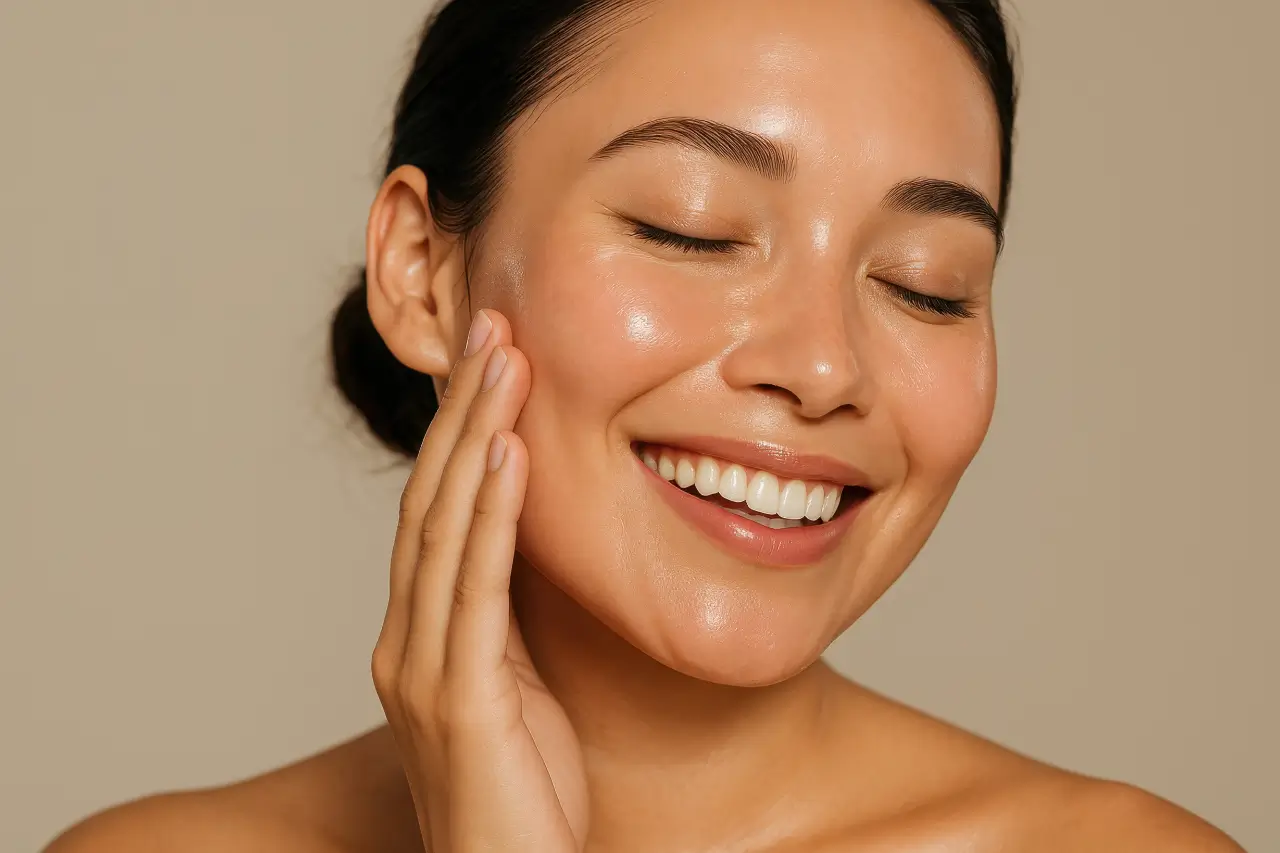 Smiling woman with glowing skin gently touching her cheek to show results of what is Rejuran treatment