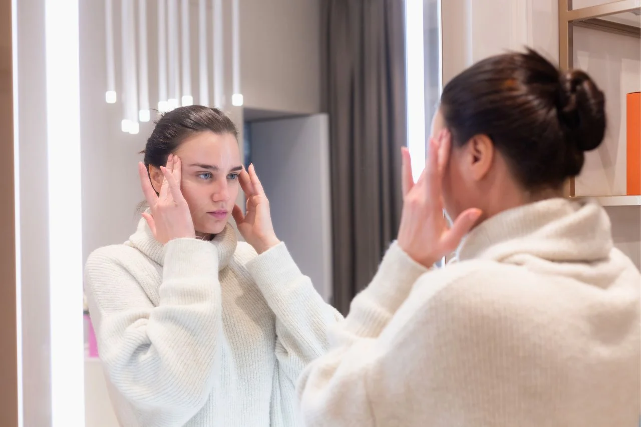 A woman examining her skin in the mirror to see what to expect after PicoSure laser treatment.