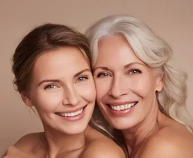 Two smiling women with clear glowing skin showcasing results from Picosure laser packages
