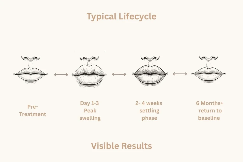 Lip enhancement timeline showing the stages from pre-treatment through swelling, settling, and gradual return toward baseline.