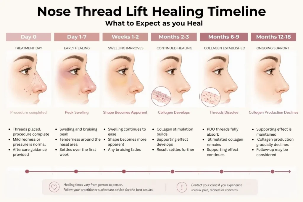 Nose thread lift healing timeline showing recovery stages from treatment day through to months 12 to 18, as swelling settles, collagen develops, and the PDO threads dissolve while the supporting effect is maintained.